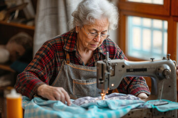 Elderly woman sewing with a machine at home