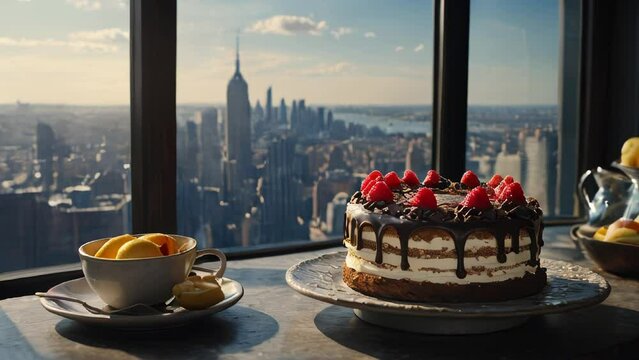A cake in front of a window with a view of the city