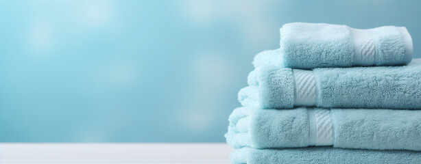 Light blue spa towels pile. Bath towels lying.