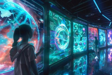Holographic displays showcase a vast array of knowledge and skills Person navigates this virtual space engaging with interactive educational content that contributes to their constant self-improvement