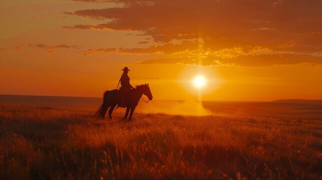 The sun sets behind a lone Mongol horseman his silhouette against the orange sky a reminder of the vastness and isolation of the steppe the birthplace of the fierce cavalry.