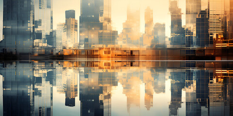 Reflection of buildings in the lake at sunset, tall skyscrapers reflect futuristic development of city, Parallax Background City, Modern City Skyline Futuristic City Skyscraper, Generative AI