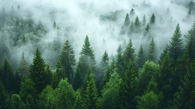 Forest in the fog, top view. Background. Created with Generative AI © Yevhen