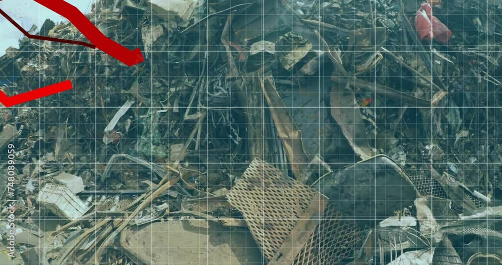 Poster animation of red line and financial data processing over wasteland
