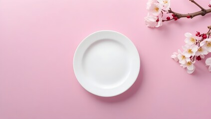Fototapeta premium Empty white plate with pink flowers aganist a pink background. Top view of blank white plate.