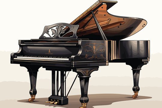 Black watercolor sketch grand piano on a white background
