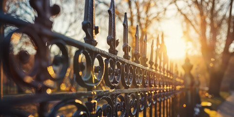 Sunlit Ornate Wrought Iron Black Vintage Fence. Decorative fence in sunlight, intricate craftsmanship. Forged products for exterior.