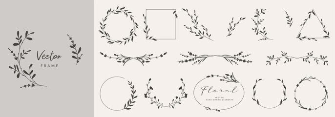 Collection of floral frames with silhouettes of branches, leaves and flowers. Hand drawn elegant delicate botanical borders and wreaths. Vector isolated elements for wedding invitation, card, logo - obrazy, fototapety, plakaty