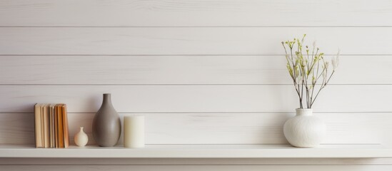 A white shelf against a natural wooden wall, displaying a simple arrangement of a vase and books. The vase is filled with flowers and the books are neatly stacked.