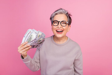 Photo of cheerful positive adorable woman wear stylish clothes celebrate win million lottery casino...