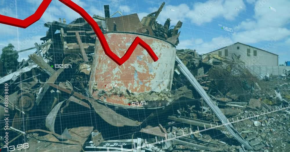 Poster animation of red line and financial data processing over wasteland