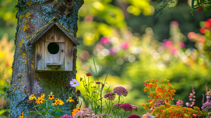 Fototapeta na wymiar serene garden haven: vibrant birdhouse, lichen tree, blooming flowers, nature's harmonious symphony