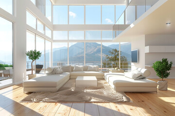 living room interior with mountain view behind