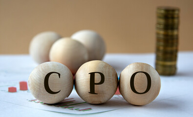 CPO - abbreviation on wooden balls on a background of coins and graphics.