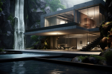 Fototapeta premium The concept of a modern high-tech house built into a rock under a waterfall.