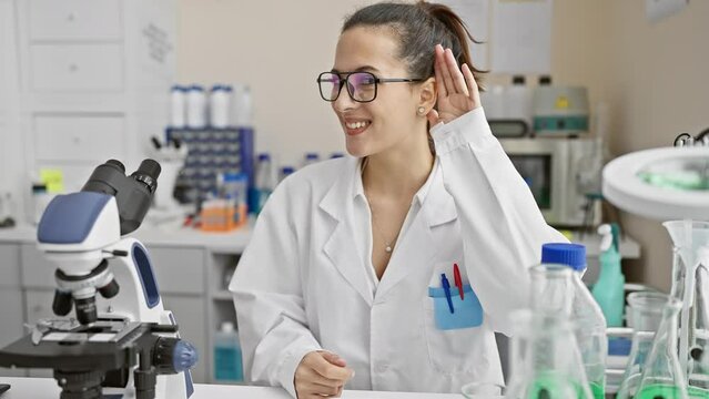 Beautiful hispanic scientist girl with ear trouble following gossip buzz in lab
