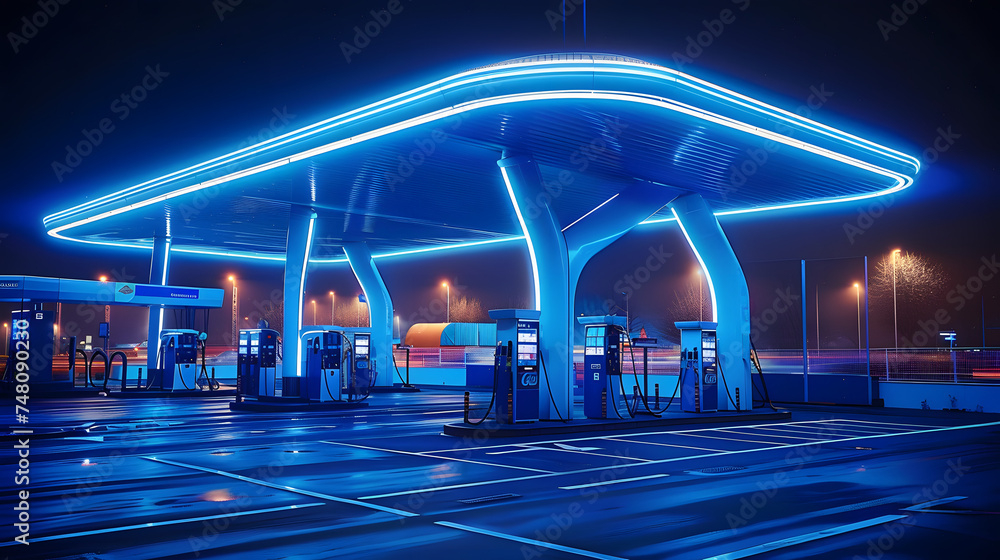 Sticker A futuristic gas station illuminated by vibrant blue lights at night