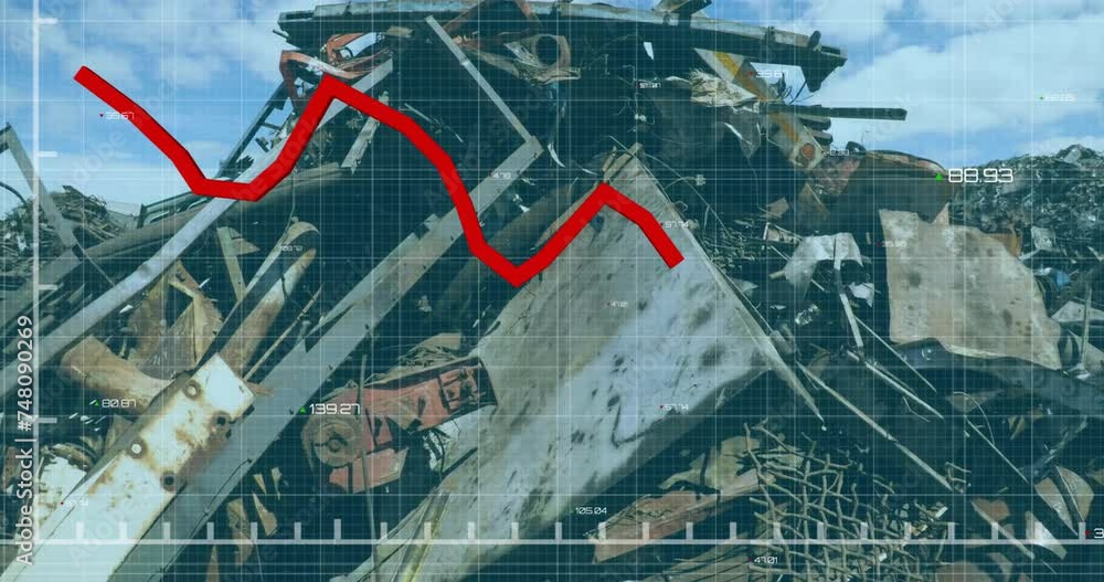 Poster animation of red line and financial data processing over wasteland