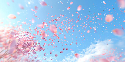 pink blossoms falling from the  sky  on blue sky background,	pink cherry blossoms wallpaper banner, empty space background
