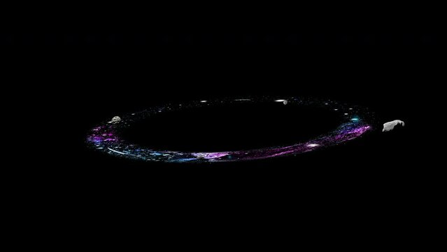 Rotating ring of stars with flying asteroids, isolated on a black background. A beautiful ring nebula with texture. 4K slow motion 3D loop animation.