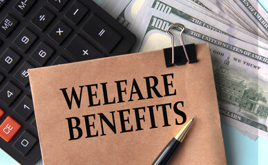 WELFARE BENEFITS - words on brown paper on the background of calculator and banknotes