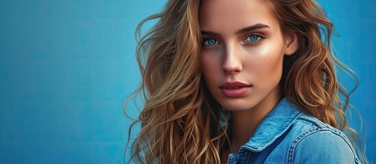 A woman with striking blue eyes and flowing long hair is depicted in this portrait. Her intense gaze and cascading hair create a captivating image. - obrazy, fototapety, plakaty
