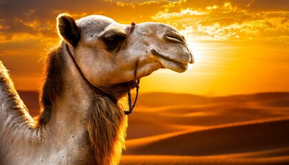 Majestic Dromedary: Portrait of a Desert Camel Against a Golden Horizon"
