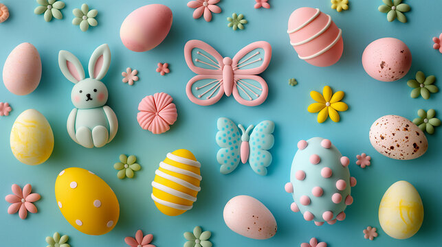 colorful easter ginger cookies in shapes of bunny , butterflies and eggs