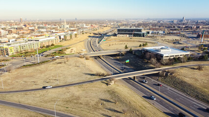 Oklahoma City Centennial Expressway or I-235 Highway loop and overpass aerial view, downtown office...