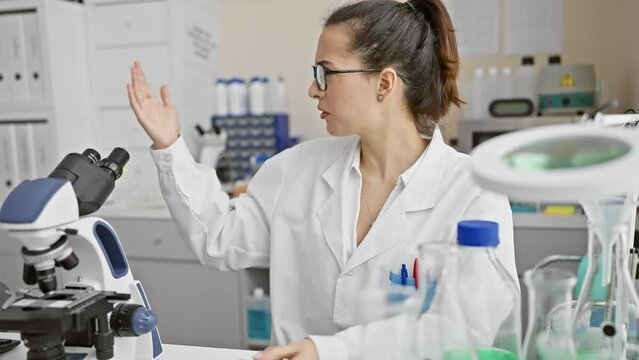 Clueless in the lab, young, beautiful hispanic woman scientist, arms wide, puzzled expression in uniform, unaware of what to decide - apology in a confused gesture