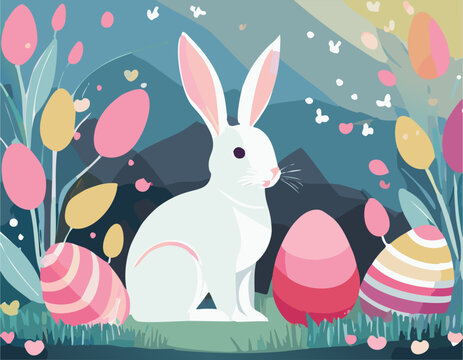 Coelho de Páscoa fofinho em um cenário colorido e com ovos de Páscoa | Cute Easter bunny in a colorful setting with Easter eggs