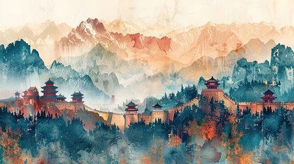 Tuinposter watercolor illustration of the Great Wall of China against the backdrop of a mountain range and forest © Dmitriy