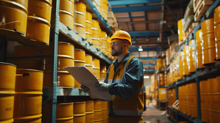 Male worker inspection record drum oil stock. - obrazy, fototapety, plakaty
