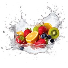 Fresh Fruits Falling with water Splash, cutout. Orange, grapefruit juicy citrus slice mix fly splashing, realistic, detailed. Grocery product package, advert