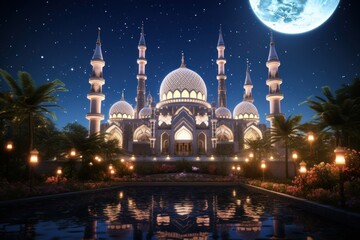 The Islamic holiday of Ramadan. A mosque illuminated by lights and a full moon at night in the holy month.
