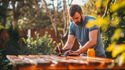 Naklejka na ściany i meble Man painting wood stain at timber plank in garden.
