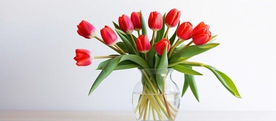 A vase filled with vibrant red flowers, likely tulips, sits prominently on a table against a plain white background. The flowers are in full bloom, showcasing their rich color and beauty.