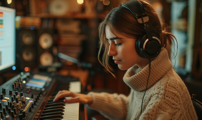  A young woman, rocking an electric keyboard, dons a headset, fully immersed in the studio beats. Focused vibes create a musical masterpiece – headset magic in the making!