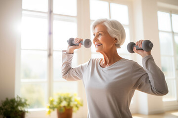 An elderly woman lifts dumbbells, a concept of health care in old age - obrazy, fototapety, plakaty