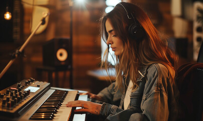 Musical maestro in the making! A young girl, headphones locked in, channels pure focus on the piano in her studio. She's orchestrating magic – one key at a time! - Powered by Adobe
