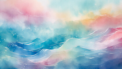Abstract illustration of watercolor sea waves. Soft pastel pink and blue colors.