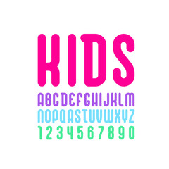 Condensed font, trendy bold rounded alphabet, letters and numbers