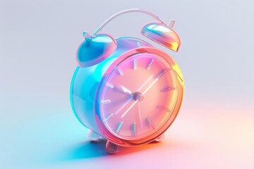 Alarm clock made of translucent material, isometric, gradient color, radiance, smooth, shiny, cute