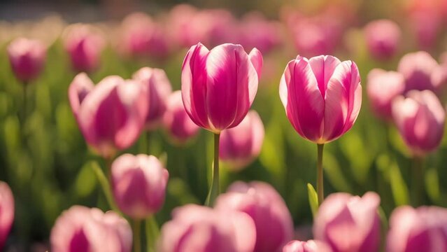 Pink and white tulips bloom beautifully in a spring garden