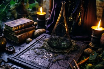 Fototapeta na wymiar Magician setting up magical items on table for captivating enchanting mystical ritual