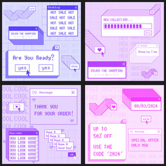 Set Of  Vaporwave Sale Background. Cool Y2K Style Aesthetics Digital Screen. Sticker Store Collage Vector Illustration.