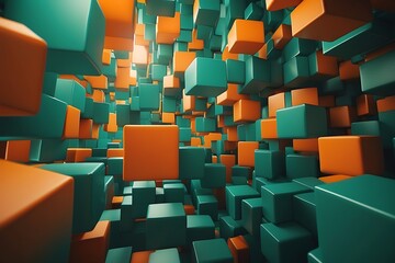 Abstract geometric background with green and orange cubes. 