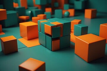 Abstract geometric background with green and orange cubes. 