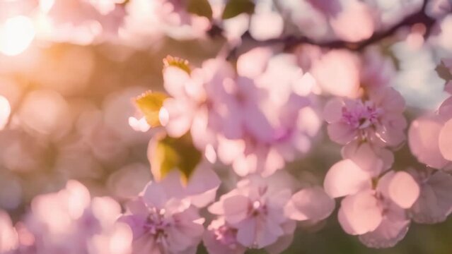 Pink cherry blossoms blooming on a branch in spring