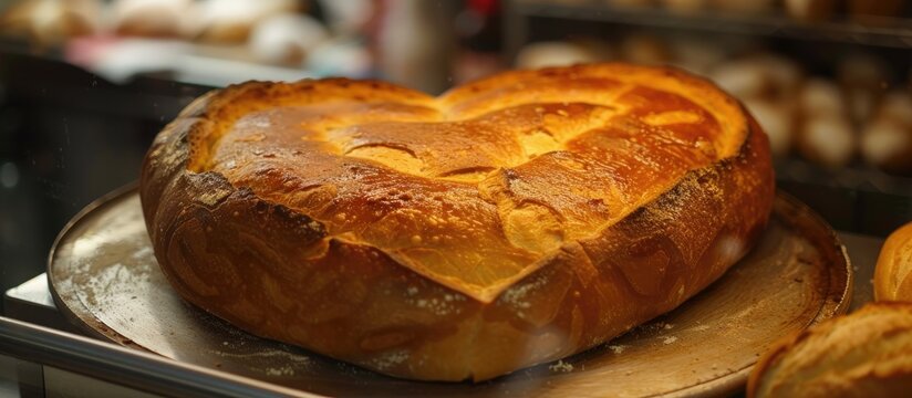 A freshly baked heart-shaped Mafalda bread loaf, showcasing Sicilian artistry, sits atop a golden pan with a fluffy, golden crust.